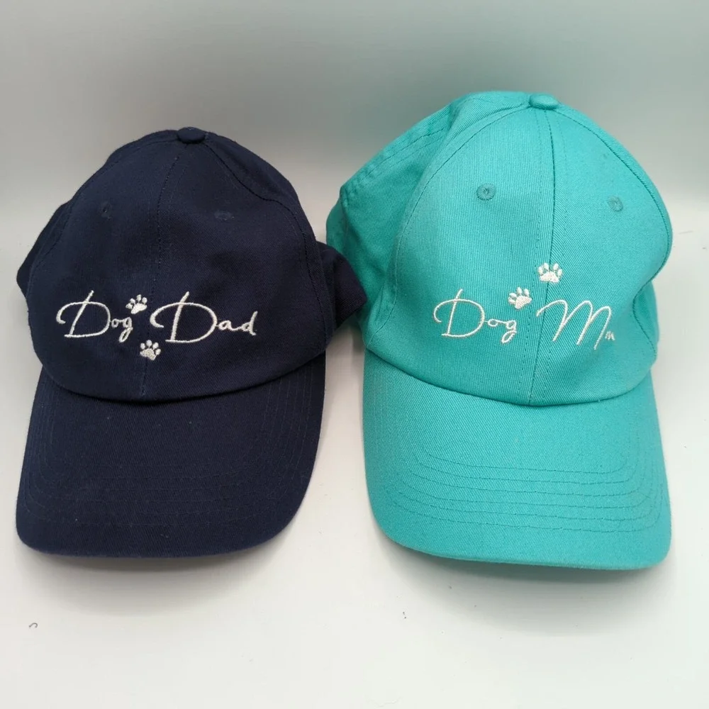 Lot of 2 Dog Mom & Dog Dad Baseball Hat Cap OSFA Teal Navy Blue Adjustable